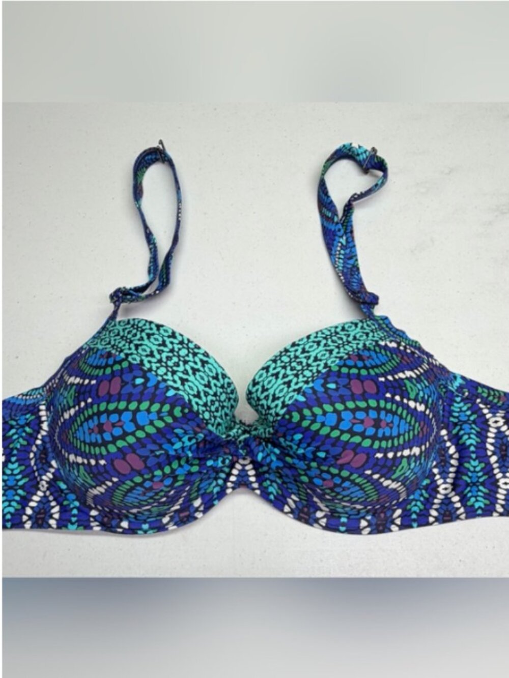 Moontide Blue Print Underwire Bikini Top 34F 12F Twist Front Winter Sale